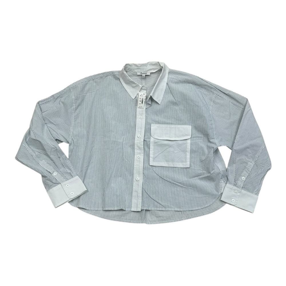 Madewell Flap Pocket Cropped Blue and White Striped Button Up Shirt NWT - Size L
